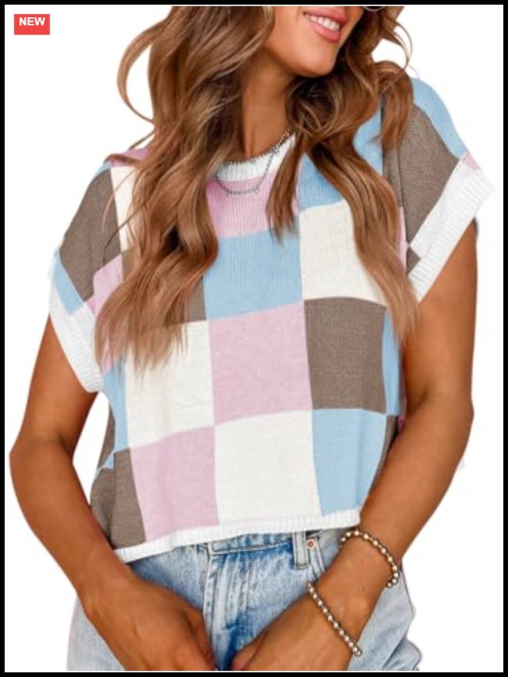 Women's Cap Sleeve Crop Top Color Block Knit Sweater Crew Neck Pullover